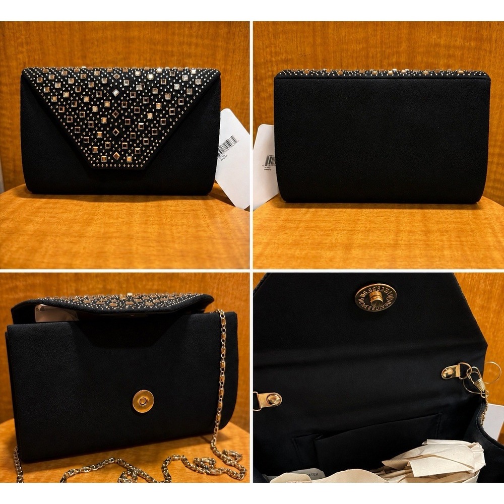 NWT Black Rhinestone Evening Clutch Bag Chain Strap‎ Formal Evening Purse